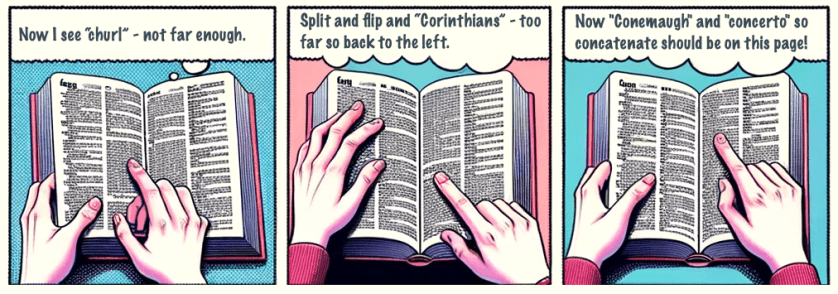 Three panels from a graphic novel style illustration of how one might look up a word in a dictionary