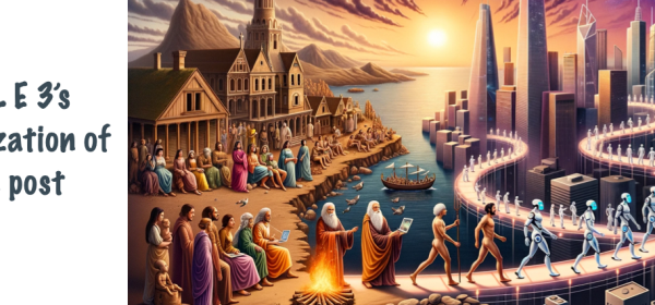 An illustration showing a continuous evolution from ancient humans around a fire, to Renaissance-era discussions, and finally to a futuristic cityscape with humans and AI entities.