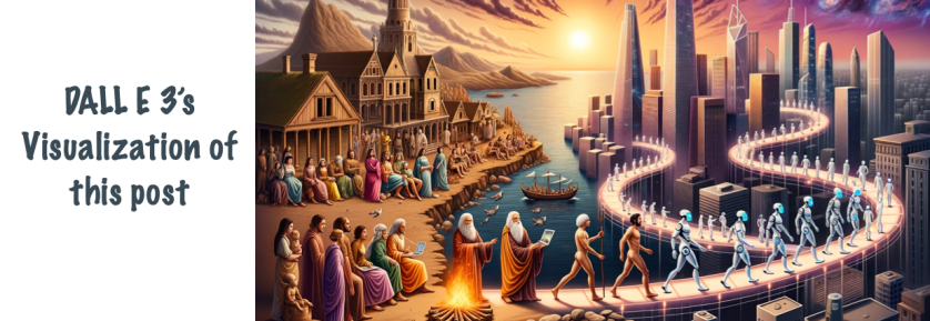 An illustration showing a continuous evolution from ancient humans around a fire, to Renaissance-era discussions, and finally to a futuristic cityscape with humans and AI entities.